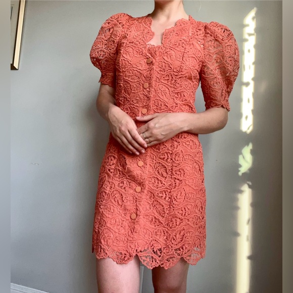 Sandro Dresses & Skirts - Sandro Lace Summer-Cocktail Coral Puff Sleeves Dress (French brand)